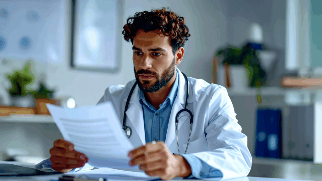 doctor sitting, appears concerned whilst reading their CV. In need of medical CV tips.