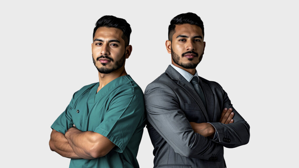non-clinical roles for doctors showing two doctors back to back in in scrubs other in suit